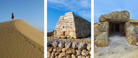 Esquerda: Dunas de Maspalomas, em Gran Canária, Ilhas Canárias / Centro: Naveta des Tudons em Menorca, Ilhas Baleares / Direita: Detalhe do dólmen de Antequera em Málaga, Andaluzia Esquerda: Dunas de Maspalomas, em Gran Canária, Ilhas Canárias / Centro: Naveta des Tudons em Menorca, Ilhas Baleares / Direita: Detalhe do dólmen de Antequera em Málaga, Andaluzia