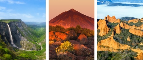 Esquerda: Vista do Salto del Nervión entre Burgos (Castilla y León) e Álava (País Basco) / Centro: Pico do Teide em Tenerife, Ilhas Canárias / Direita: Vista de Las Médulas em León, Castilla y León Esquerda: Vista do Salto del Nervión entre Burgos (Castilla y León) e Álava (País Basco) / Centro: Pico do Teide em Tenerife, Ilhas Canárias / Direita: Vista de Las Médulas em León, Castilla y León