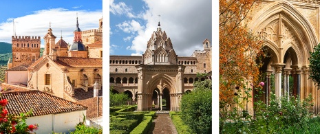 Po lewej: Widok na klasztor / centrum: Krużganek Mudejar w Guadalupe / Po prawej stronie: Szczegóły łuków Królewskiego Klasztoru Nuestra Señora de Guadalupe w Cáceres, w Estremadurze Po lewej: Widok na klasztor / centrum: Krużganek Mudejar w Guadalupe / Po prawej stronie: Szczegóły łuków Królewskiego Klasztoru Nuestra Señora de Guadalupe w Cáceres, w Estremadurze