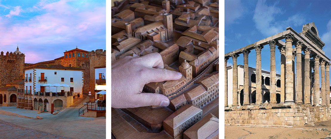 À gauche : Plaza Mayor de Cáceres, Extremadura / Centre : Modèle tactile de Cáceres pour les personnes souffrant d'un handicap dans le centre d'accueil des visiteurs / À droite : Temple de Diane à Mérida, Badajoz, Estrémadure. À gauche : Plaza Mayor de Cáceres, Extremadura / Centre : Modèle tactile de Cáceres pour les personnes souffrant d'un handicap dans le centre d'accueil des visiteurs / À droite : Temple de Diane à Mérida, Badajoz, Estrémadure.