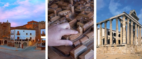 À gauche : Plaza Mayor de Cáceres, Extremadura / Centre : Modèle tactile de Cáceres pour les personnes souffrant d'un handicap dans le centre d'accueil des visiteurs / À droite : Temple de Diane à Mérida, Badajoz, Estrémadure. À gauche : Plaza Mayor de Cáceres, Extremadura / Centre : Modèle tactile de Cáceres pour les personnes souffrant d'un handicap dans le centre d'accueil des visiteurs / À droite : Temple de Diane à Mérida, Badajoz, Estrémadure.