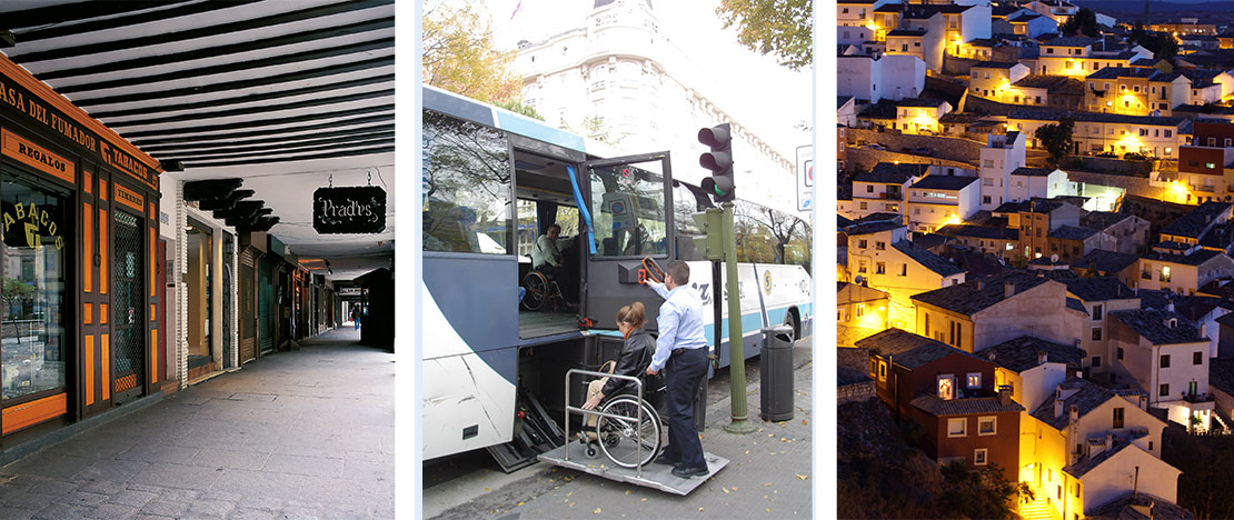 À gauche : Calle Mayor d'Alcalá de Henares, qui a subi des adaptations pour offrir un itinéraire accessible aux personnes à mobilité réduite / Centre : aide à l'accès aux bus touristiques (© PREDIF) / À droite : vue des Casas Colgadas de Cuenca À gauche : Calle Mayor d'Alcalá de Henares, qui a subi des adaptations pour offrir un itinéraire accessible aux personnes à mobilité réduite / Centre : aide à l'accès aux bus touristiques (© PREDIF) / À droite : vue des Casas Colgadas de Cuenca