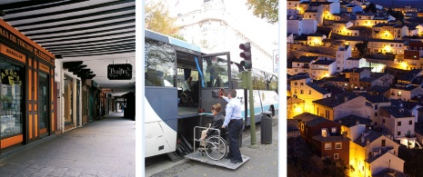 À gauche : Calle Mayor d'Alcalá de Henares, qui a subi des adaptations pour offrir un itinéraire accessible aux personnes à mobilité réduite / Centre : aide à l'accès aux bus touristiques (© PREDIF) / À droite : vue des Casas Colgadas de Cuenca À gauche : Calle Mayor d'Alcalá de Henares, qui a subi des adaptations pour offrir un itinéraire accessible aux personnes à mobilité réduite / Centre : aide à l'accès aux bus touristiques (© PREDIF) / À droite : vue des Casas Colgadas de Cuenca