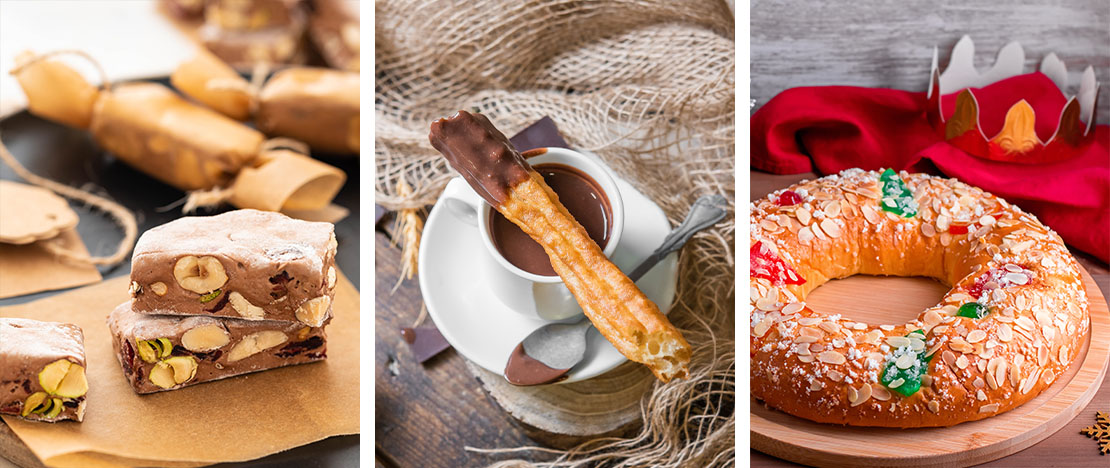From left to right: Nougat, chocolate with churros, Three Kings' cake From left to right: Nougat, chocolate with churros, Three Kings' cake
