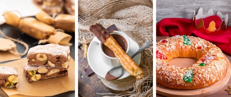 From left to right: Nougat, chocolate with churros, Three Kings' cake From left to right: Nougat, chocolate with churros, Three Kings' cake