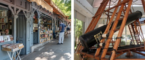 Po lewej: Uliczka znana jako «Cuesta de Moyano» w parku Retiro © JJFarq / Po prawej: Teleskop Herschela w Królewskim Obserwatorium Astronomicznym w Madrycie © Procy Po lewej: Uliczka znana jako «Cuesta de Moyano» w parku Retiro © JJFarq / Po prawej: Teleskop Herschela w Królewskim Obserwatorium Astronomicznym w Madrycie © Procy