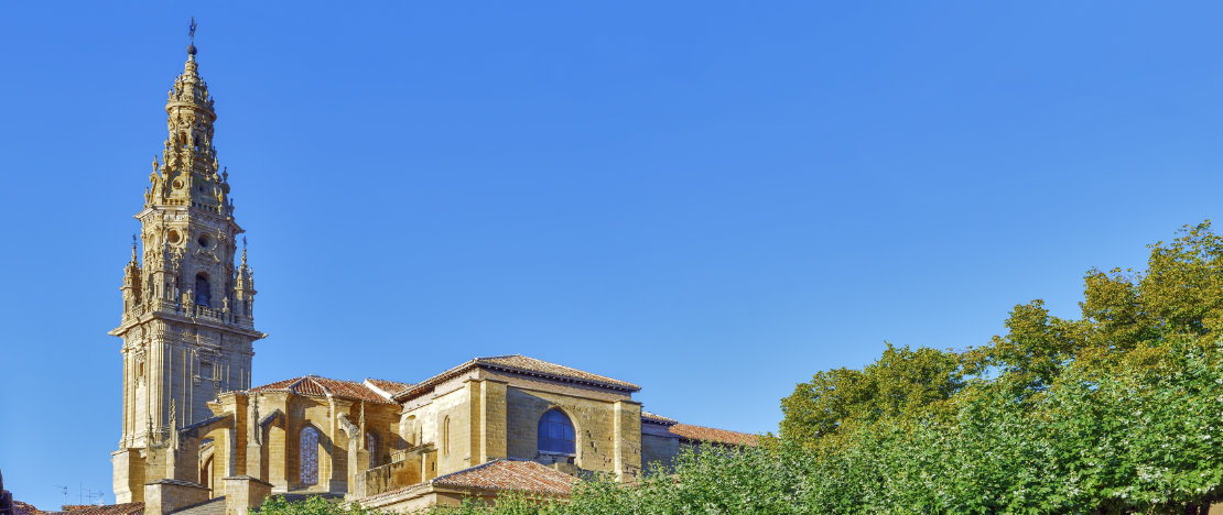View of the tower and bell tower of the Cathedral of Santo Domingo de la Calzada in Santo Domingo de la Calzada, La Rioja