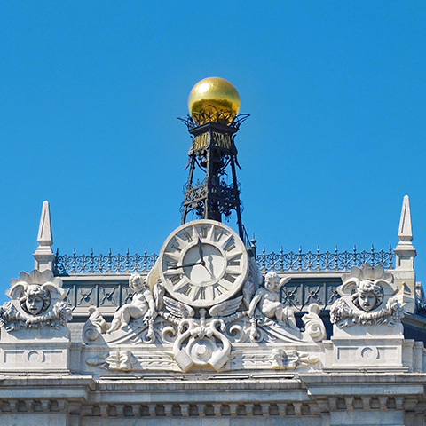 Clock on the corner of Banco de España, Madrid