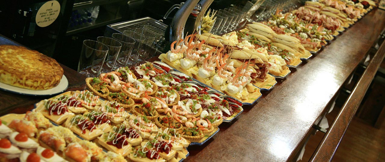 Counter of pinchos in a bar in San Sebastian